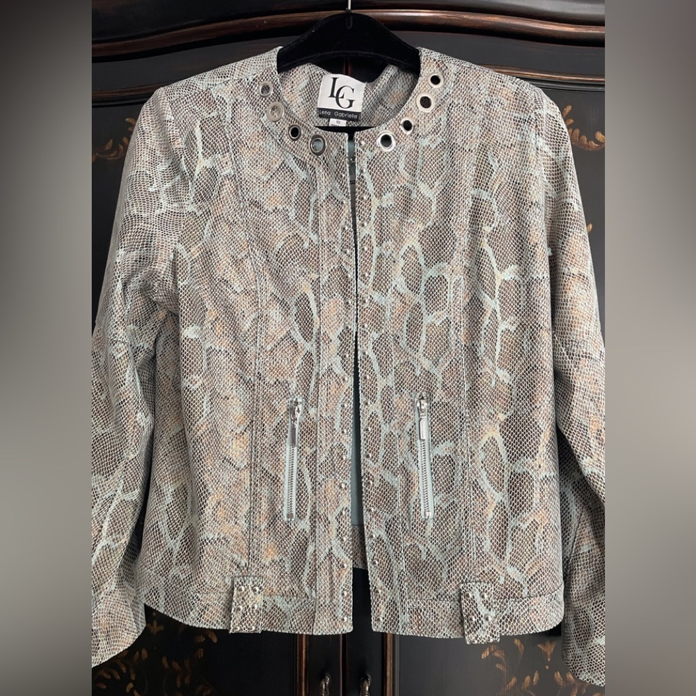 Aqua/Brown Faux Leather Snake Print Dressy Jacket. Sz 10